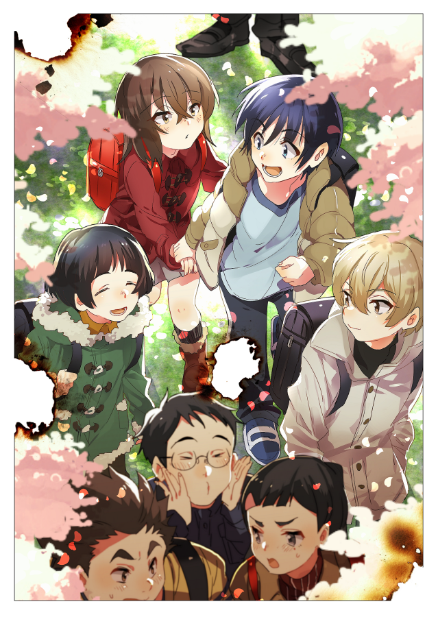 >:o, >_<, 2girls, 6+boys, :d, :o, ^_^, backpack, bag, bangs, black_border, black_hair, black_legwear, black_shoes, blonde_hair, blue_eyes, blue_hair, blunt_bangs, blush, boku_dake_ga_inai_machi, boots, border, brown_eyes, brown_hair, burnt, cherry_blossoms, child, clenched_hand, closed_eyes, closed_mouth, coat, eyebrows, eyebrows_visible_through_hair, feet, from_above, fujinuma_satoru, fur_boots, fur_trim, glasses, grey_skin, hair_between_eyes, hands_on_own_cheeks, hands_on_own_face, hinazuki_kayo, holding_hands, hood, hood_down, hooded_jacket, jacket, kazu_(boku_dake_ga_inai_machi), kneehighs, kobayashi_kenya, long_hair, long_sleeves, looking_at_another, looking_back, miniskirt, multiple_boys, multiple_girls, nakanishi_aya, open_mouth, osamu_(boku_dake_ga_inai_machi), out_of_frame, pants, photo_(object), pleated_skirt, ponytail, randoseru, red_coat, round_glasses, shoes, short_hair, skirt, smile, spiky_hair, sugita_hiromi, sweatdrop, takumi_(scya), teasing, turtleneck, walking, winter_clothes