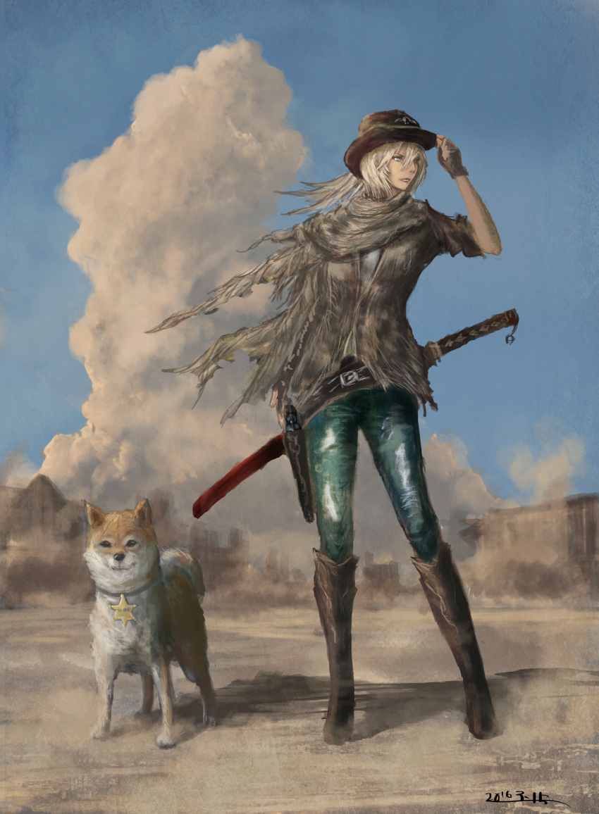 1girl, absurdres, auto, belt, blonde_hair, blue_eyes, boots, brown_eyes, clouds, cowboy_hat, dated, desert, dog, fingerless_gloves, gloves, gun, hand_to_hat, handgun, hat, highres, katana, long_hair, looking_to_the_side, pistol, revolver, sheath, sheriff_badge, shiba_inu, sky, sword, urajiro, weapon, wild_west