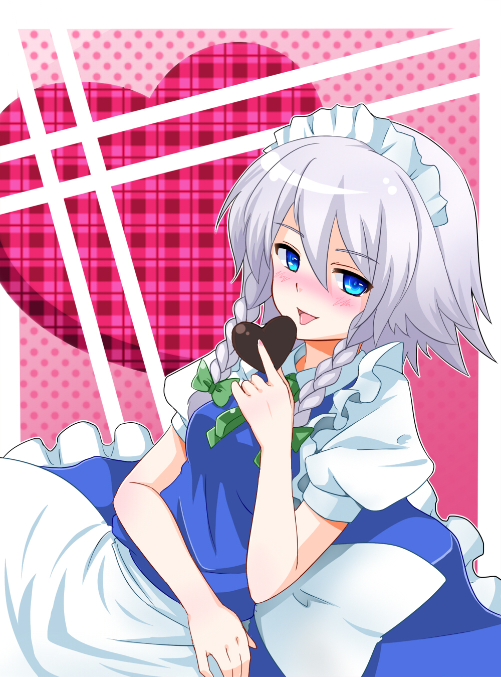 1girl, blue_eyes, blush, braid, dezuko_(dezuko_no_heya), frills, heart_chocolates, highres