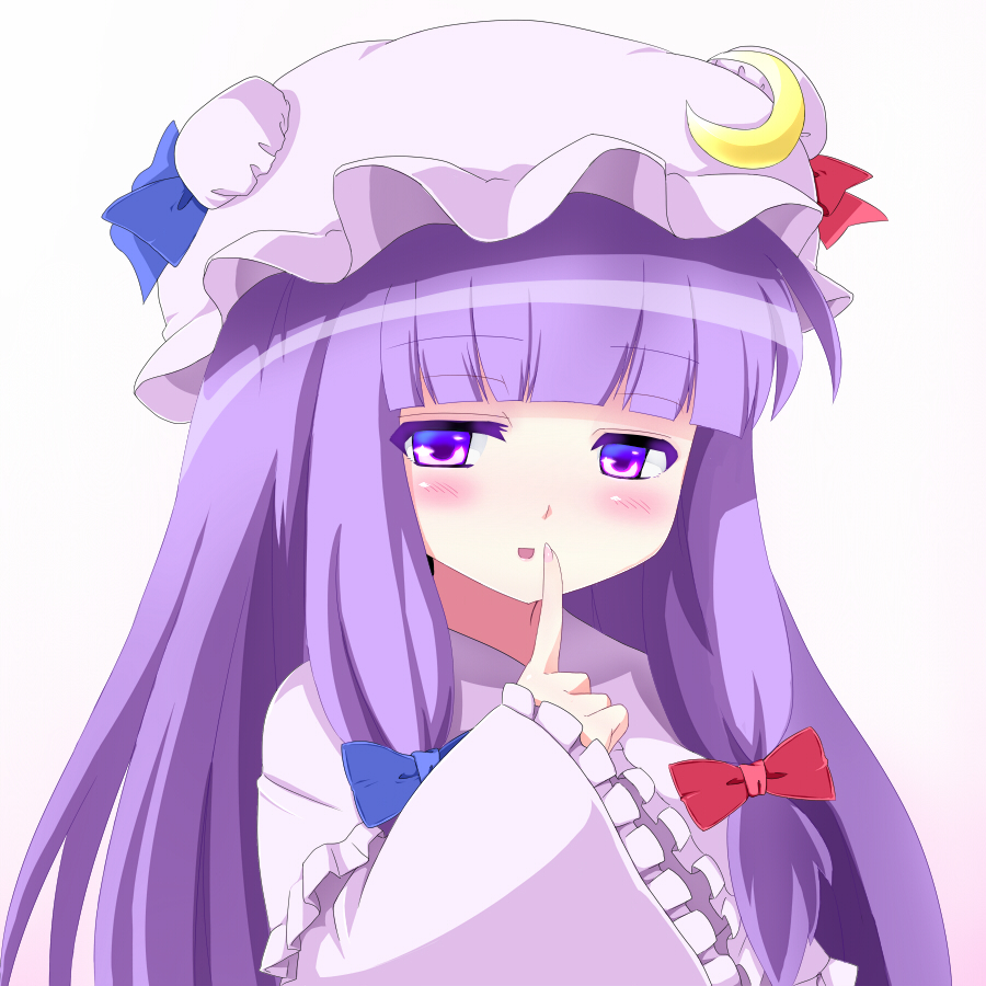 1girl, bangs, blunt_bangs, blush, bow, crescent_hair_ornament, dezuko_(dezuko_no_heya), finger_to_mouth