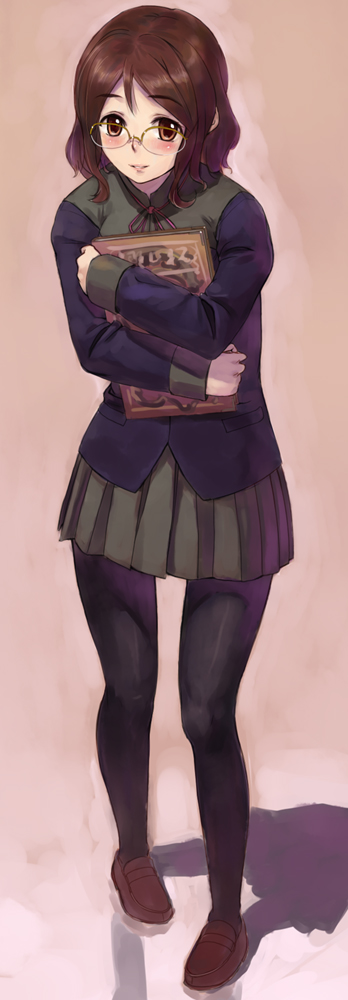 book, brown_eyes, brown_hair, glasses, hotarui_chihiro, hug, legs, lips
