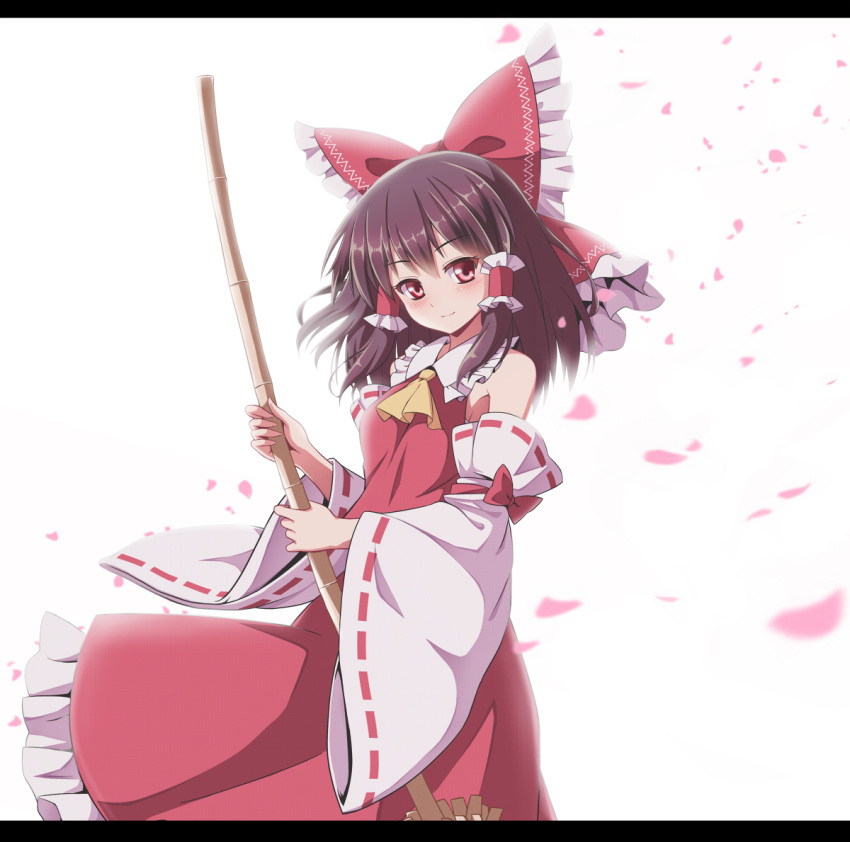 1girl, ascot, bare_shoulders, bow, broom, brown_hair, detached_sleeves, dezuko_(dezuko_no_heya)