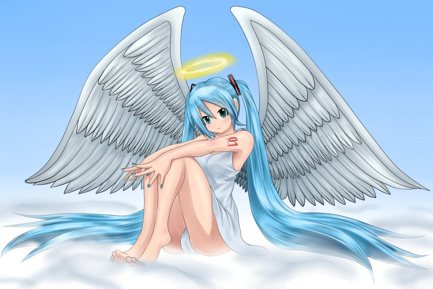 1girl, angel, angel_wings, hatsune_miku, highres, kazu-chan, smile, solo, vocaloid, wings