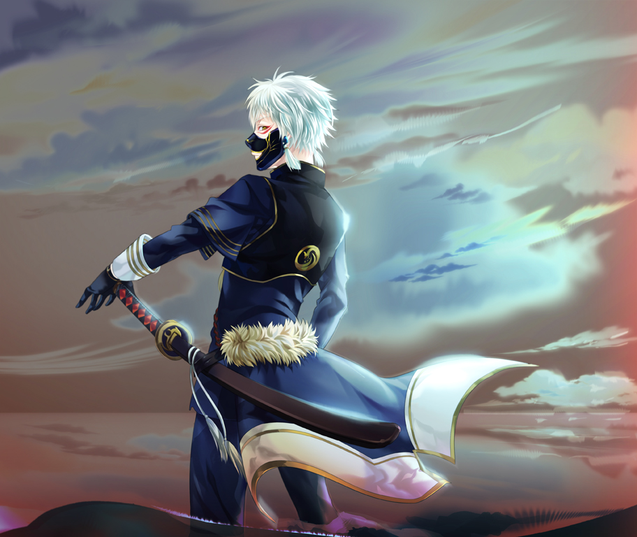 1boy, armor, black_gloves, clouds, cloudy_sky, earrings, gloves, japanese_armor
