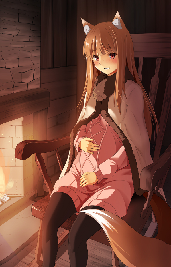 1girl, animal_ears, brown_hair, hirame_sa, holo, long_hair, pregnant, red_eyes