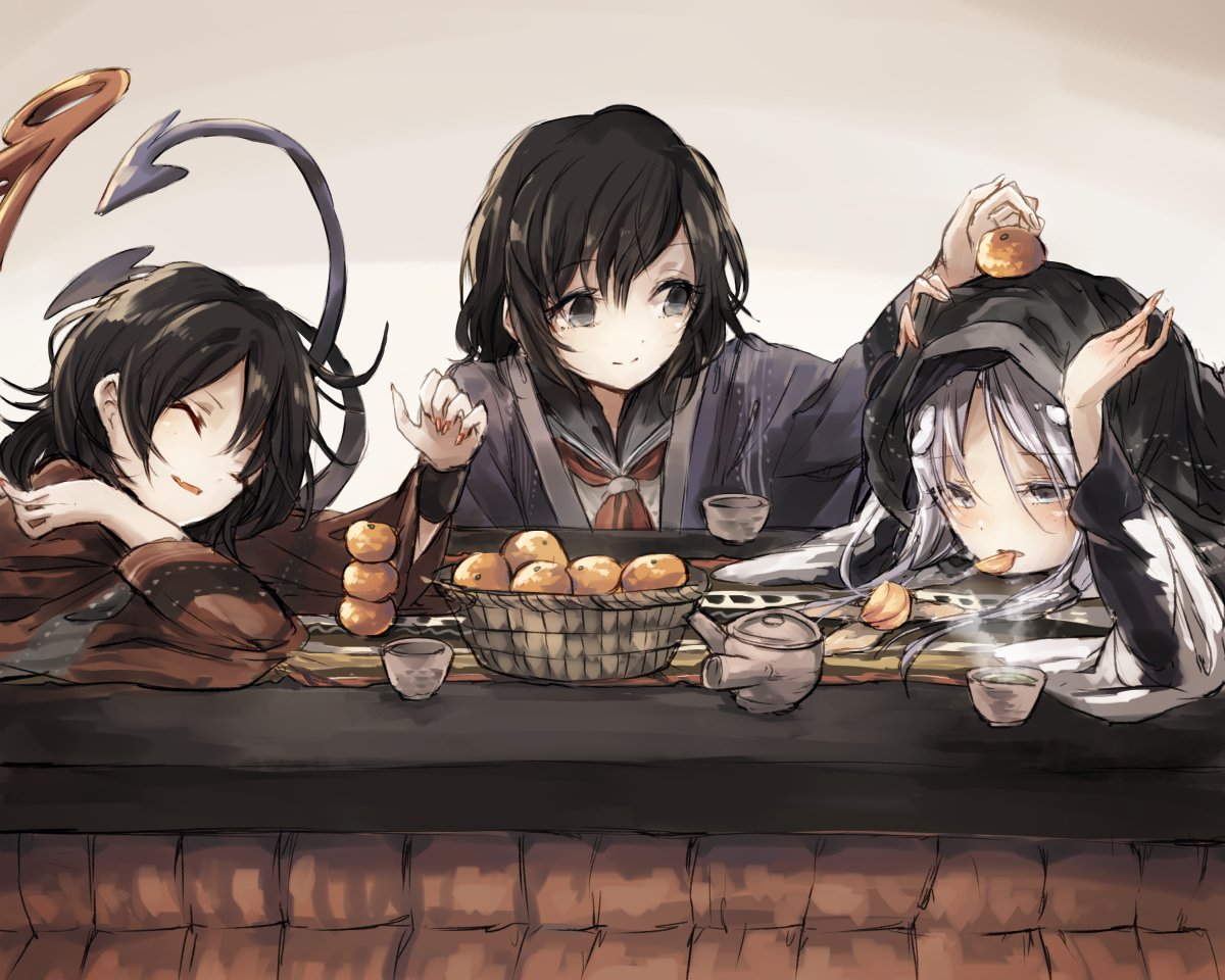 3girls, asymmetrical_wings, balancing_on_head, black_eyes, black_hair, blue_hair, food, fruit