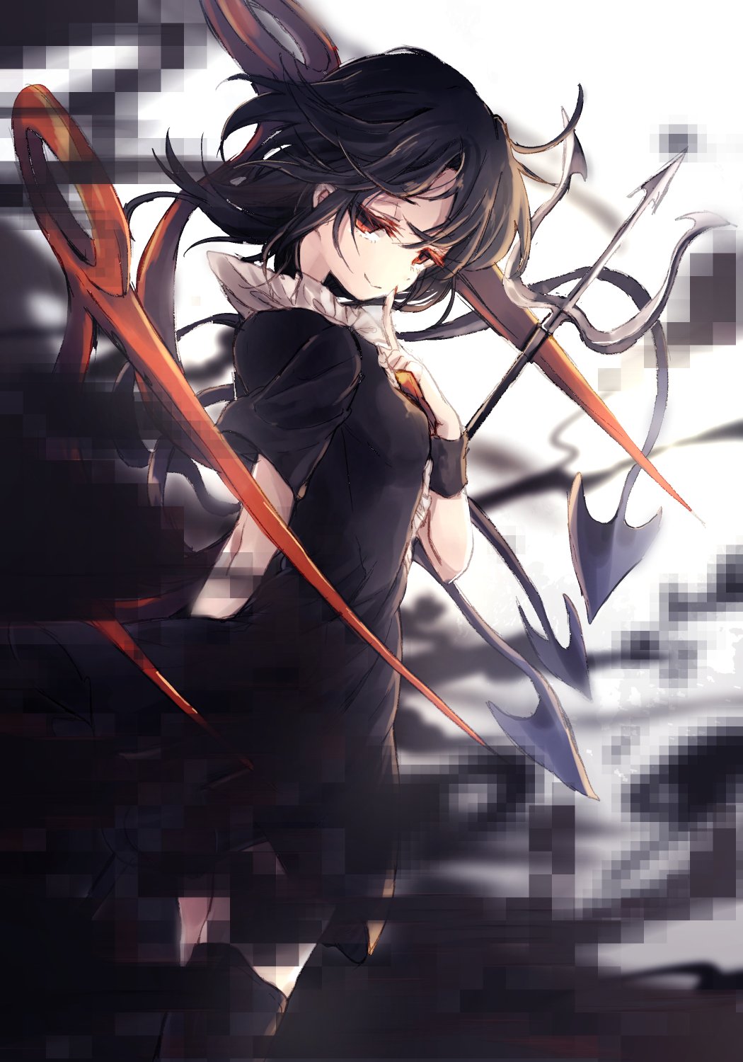 1girl, asymmetrical_wings, black_dress, black_hair, censored, darkness, dress, highres