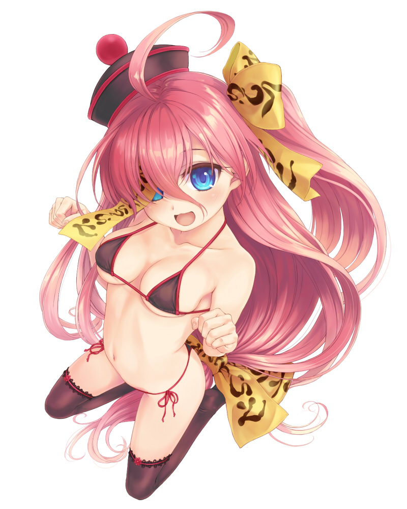 1girl, ahoge, bikini, black_legwear, blue_eyes, blush, breasts, cleavage