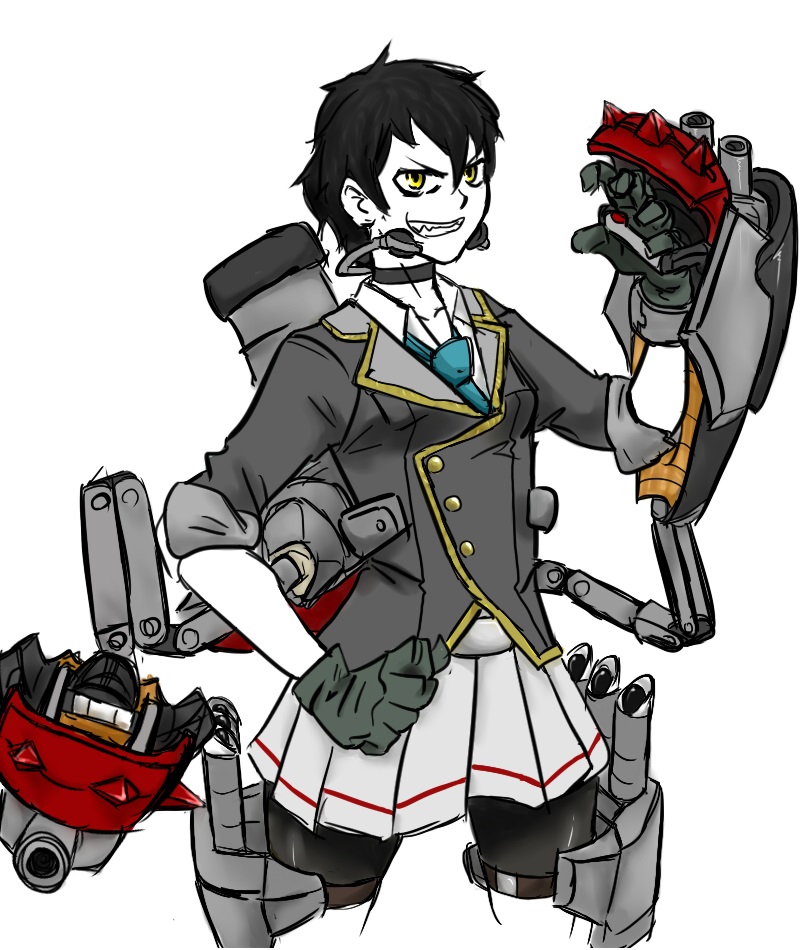 1girl, artist_request, bike_shorts, black_hair, cannon, choker, fang, gloves, iron_knuckle, kantai_collection, light_persona, looking_at_viewer, mechanical_arm, ri-class_heavy_cruiser, school_uniform, shinkaisei-kan, short_hair, shorts_under_skirt, skirt, sleeves_rolled_up, smirk, solo, weapon, white_skin, yellow_eyes