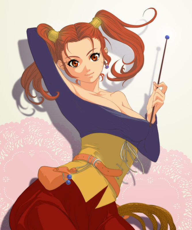 1girl, arm_behind_head, belt, breasts, cleavage, corset, dragon_quest, dragon_quest_viii