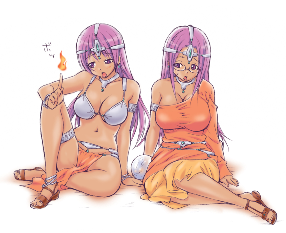 2girls, abe_tsukumo, anklet, armlet, bespectacled, bikini_top, bracelet, breasts