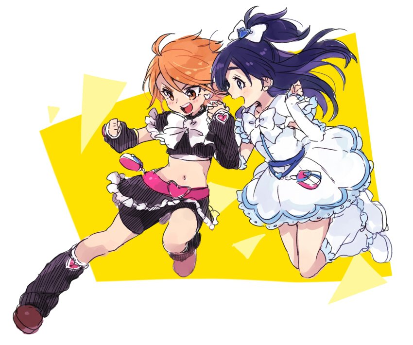 2girls, :d, bike_shorts, blue_eyes, blush, boots, brown_eyes, brown_hair