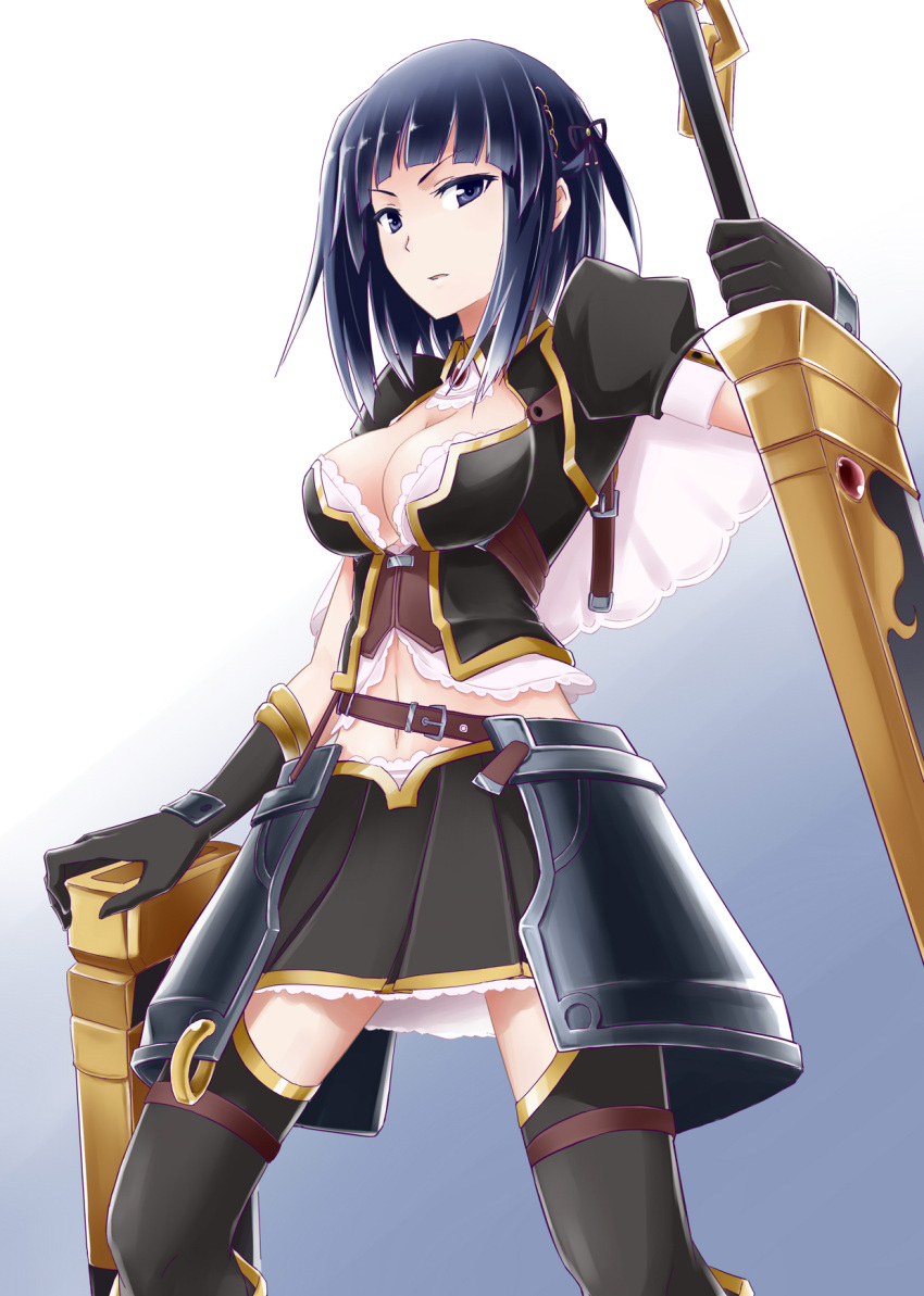 1girl, armor, belt, black_legwear, black_skirt, blue_eyes, blue_hair, breasts