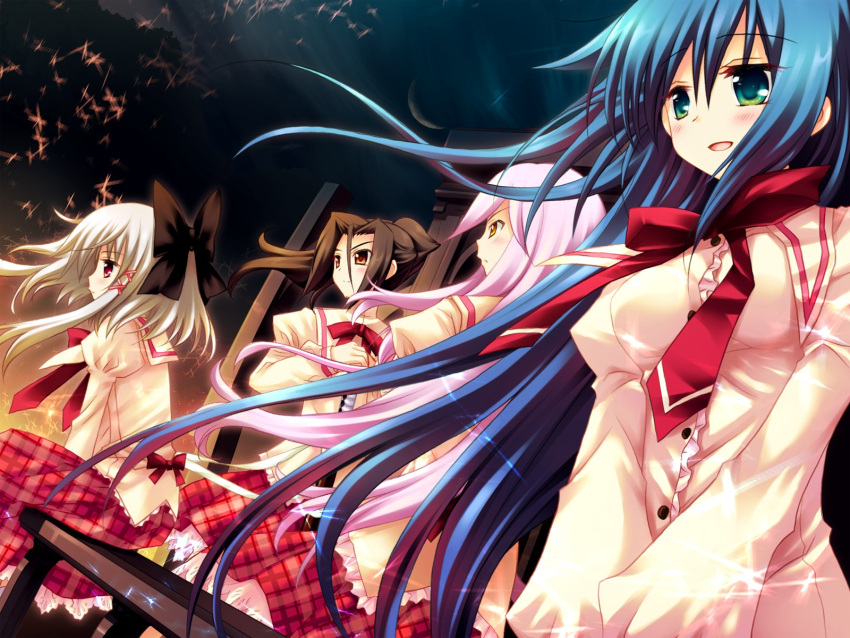 amafuki_setsuka, blue_hair, brown_hair, grey_hair, green_eyes, hanafubuki, kirinji_himawari, miyano_shion