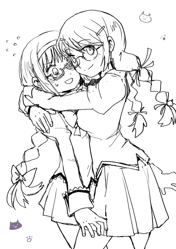 2girls, :3, akemi_homura, bespectacled, blush, cat, flying_sweatdrops, glasses