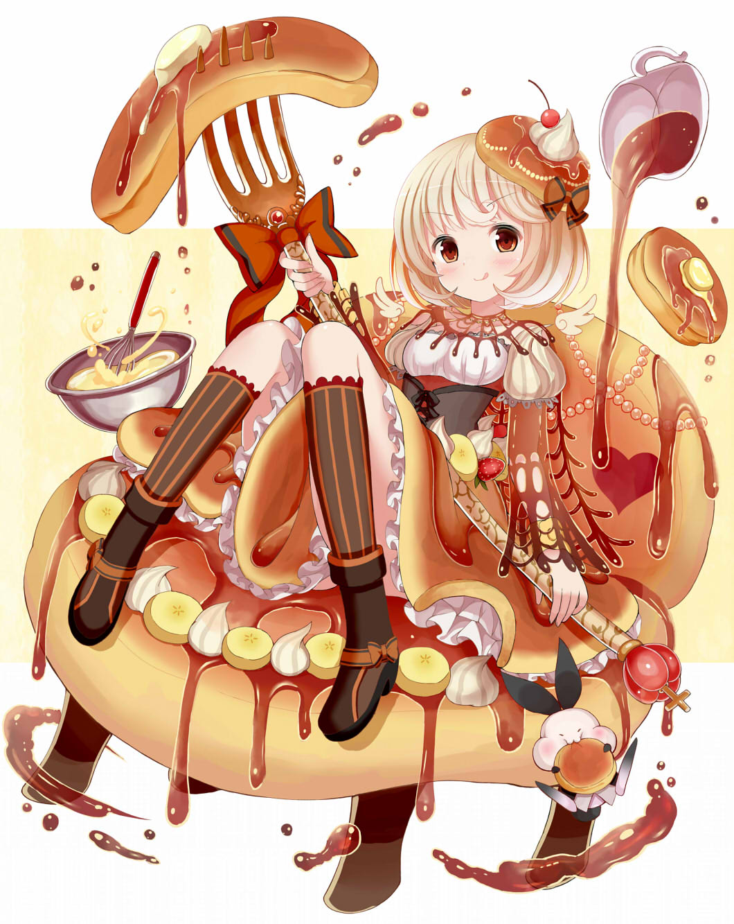1girl, banana_slice, blonde_hair, bowl, brown_eyes, cherry, food, food_as_clothes