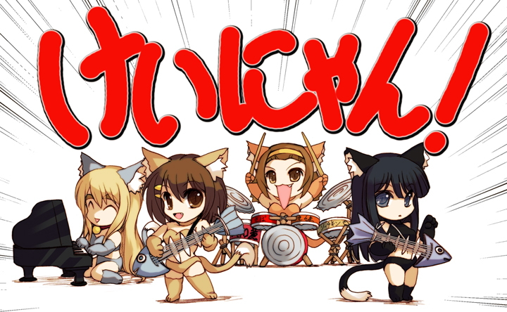 akiyama_mio, animal_ears, band, blue_eyes, cat_ears, cat_paws, cat_tail, drum