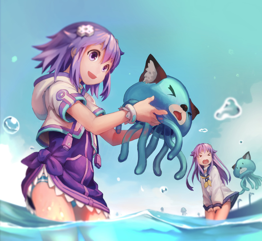 >_<, 2girls, absurdres, closed_eyes, d-pad, dogoo, hair_ornament, highres