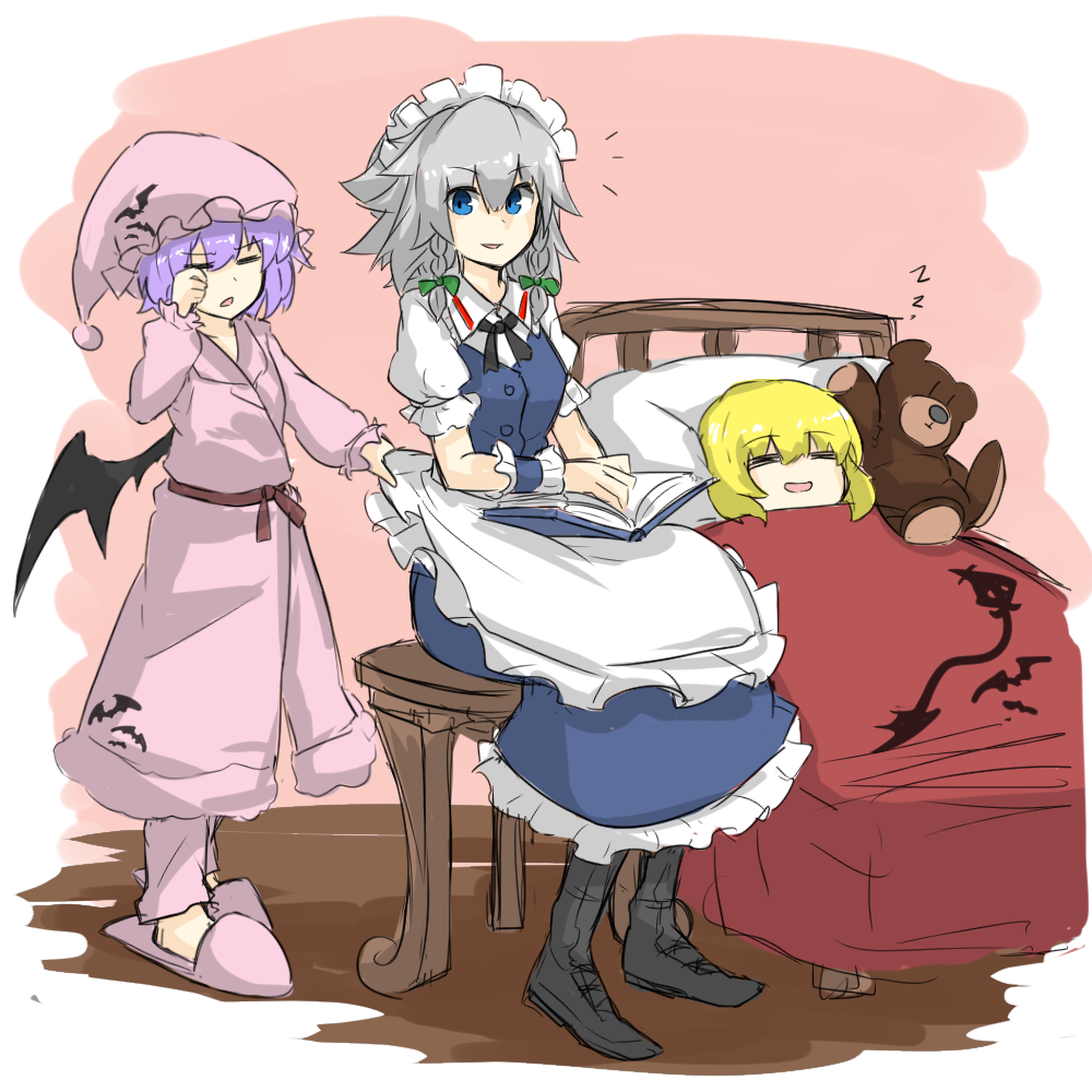 3girls, alternate_costume, apron, apron_pull, bed, book, flandre_scarlet, izayoi_sakuya