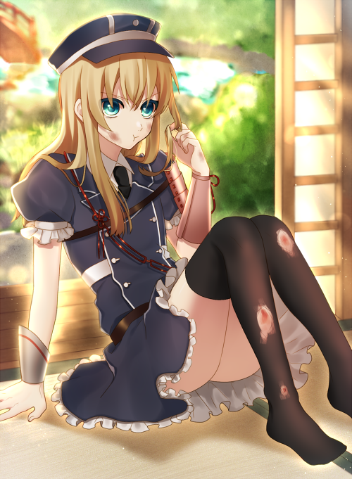 1boy, :t, armor, black_legwear, blonde_hair, blue_eyes, crossdressinging, dress, hat, injury, japanese_armor, kote, male_focus, midare_toushirou, necktie, otoko_no_ko, sitting, sode, takashima_saki, thigh-highs, torn_clothes, torn_thighhighs, touken_ranbu