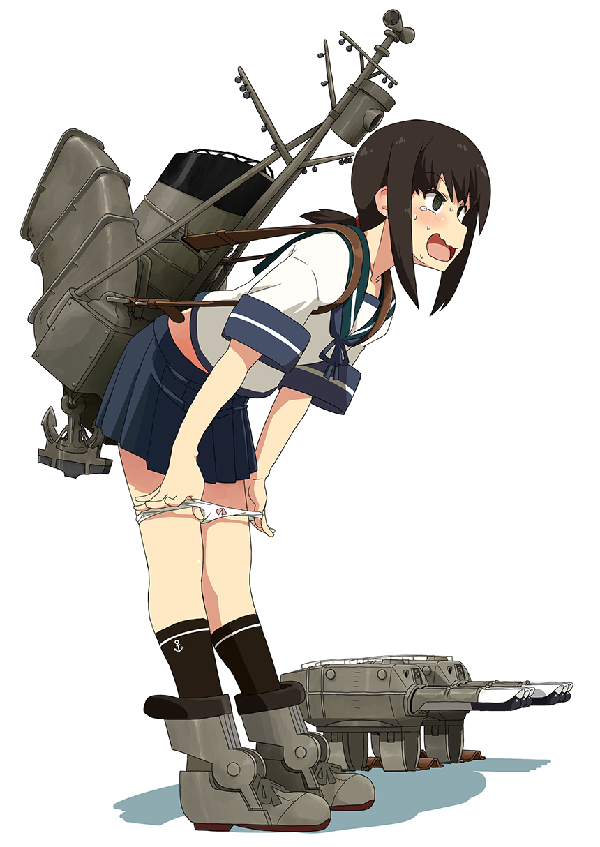 1girl, @_@, blue_skirt, brown_hair, brown_legwear, commentary_request, embarrassed, fubuki_(kantai_collection), highres, kantai_collection, kneehighs, kozou_(rifa), machinery, neckerchief, open_mouth, panties, panty_pull, pleated_skirt, sailor_collar, school_uniform, serafuku, short_ponytail, simple_background, skirt, solo, tears, underwear, wavy_mouth, white_background