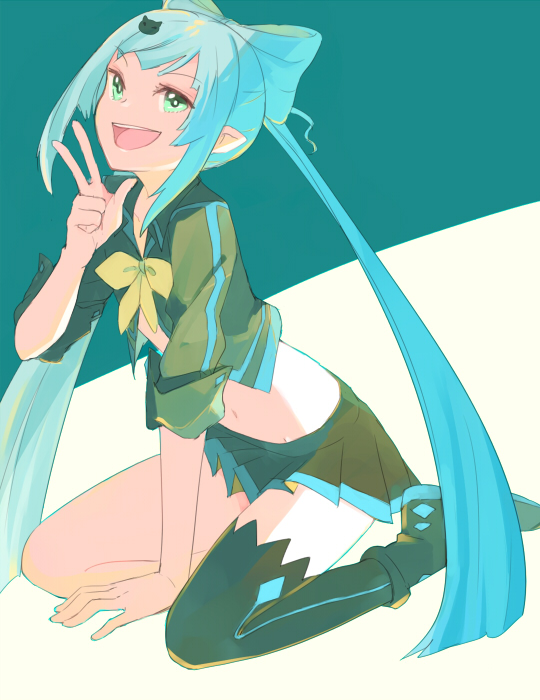 1girl, aqua_hair, green_eyes, long_hair, sagara_momoka, single_thighhigh, thigh-highs, tuhut