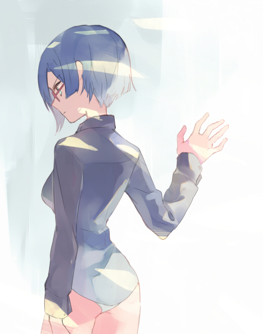 1girl, blue_hair, glasses, no_pants, shigure_kasumi, short_hair, tuhut, valkyrie_drive