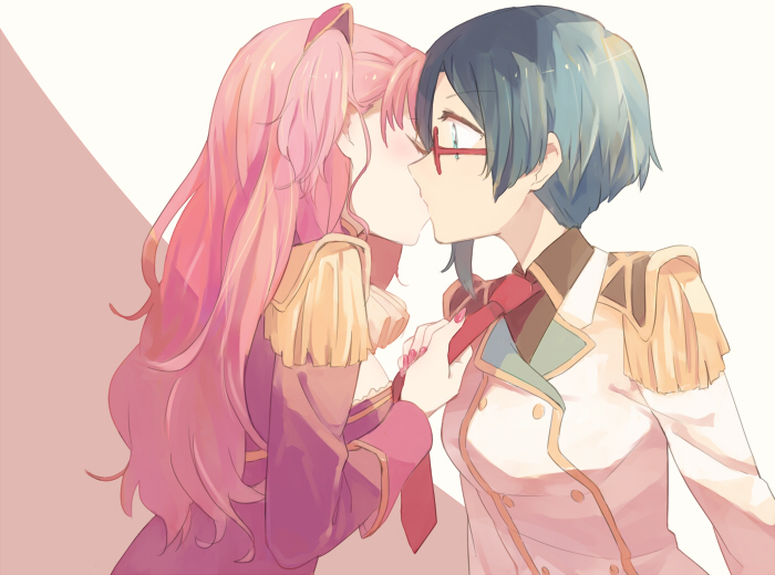 2girls, charlotte_shalzen, glasses, kiss, multiple_girls, shigure_kasumi, tuhut, valkyrie_drive, valkyrie_drive_-mermaid-, yuri