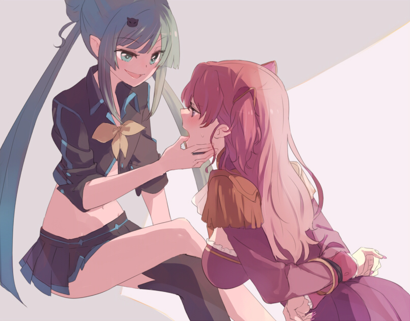 2girls, blush, bound, bound_arms, charlotte_shalzen, crossed_legs, finger_in_another's_mouth, green_hair, long_hair, multiple_girls, navel, pink_hair, sagara_momoka, single_thighhigh, sitting, smirk, thigh-highs, tuhut, twintails, valkyrie_drive, valkyrie_drive_-mermaid-, yuri