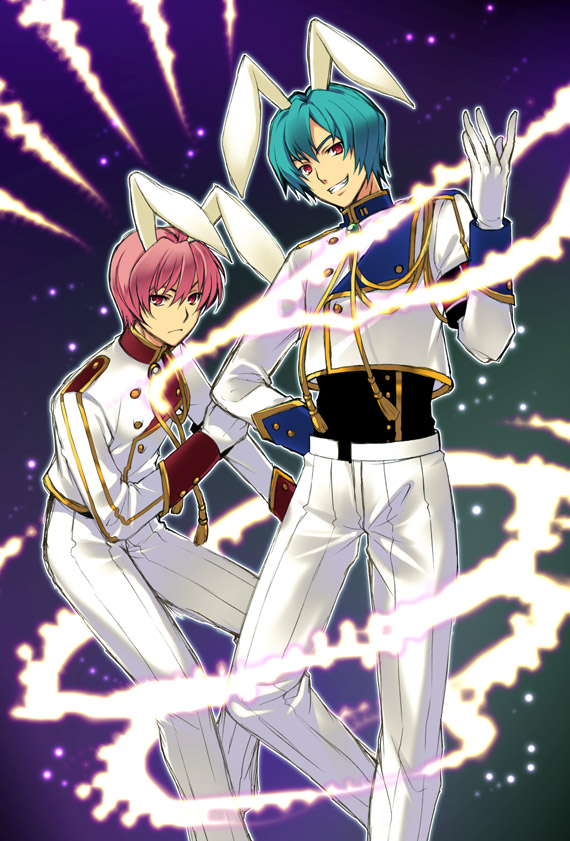 blue_hair, bunny_ears, genderswap, honda_tamanosuke, male, pink_hair, rabbit_ears, red_eyes