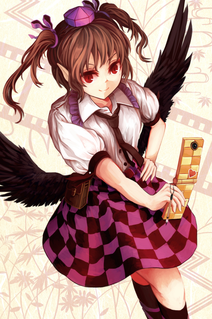 1girl, akaiha_(akaihagusk), black_legwear, black_wings, brown_hair, cellphone, cellphone_camera, checkered