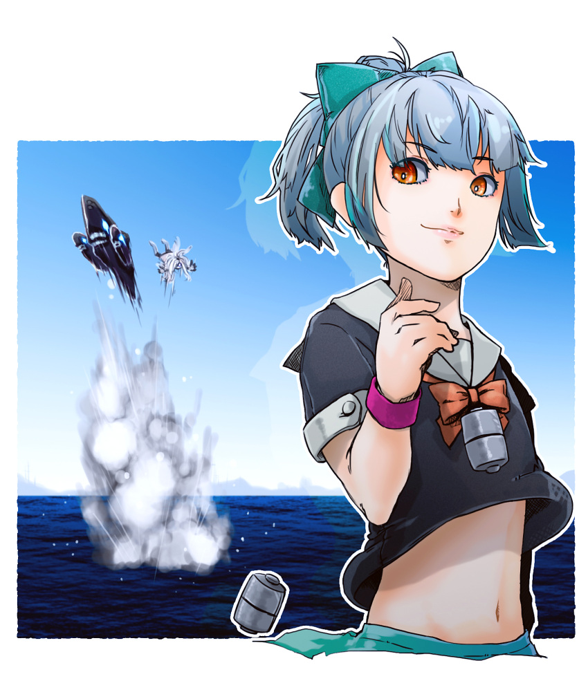 2girls, anbo, brown_eyes, grey_hair, highres, kantai_collection, multiple_girls, ocean