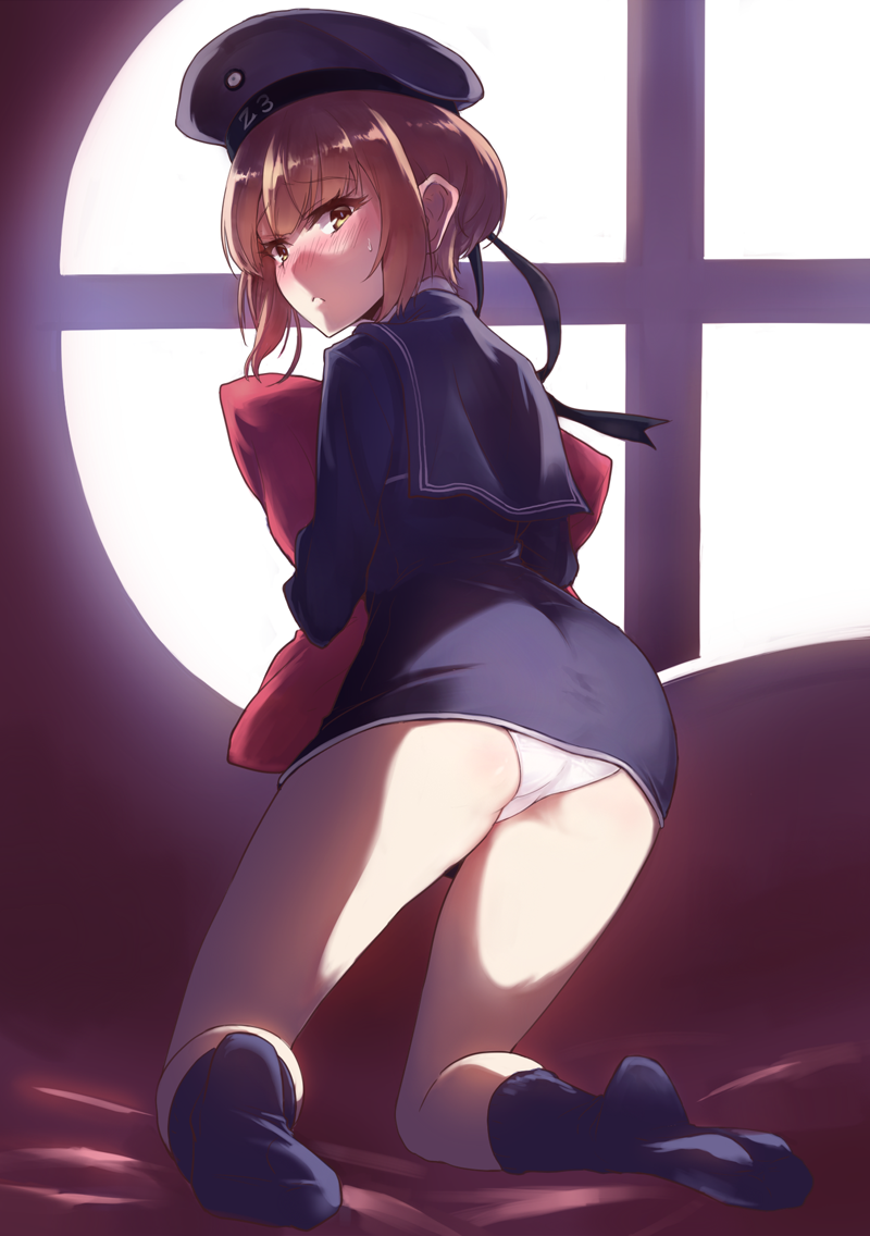 1girl, ass, bangs, black_legwear, blush, brown_hair, clothes_writing, dress