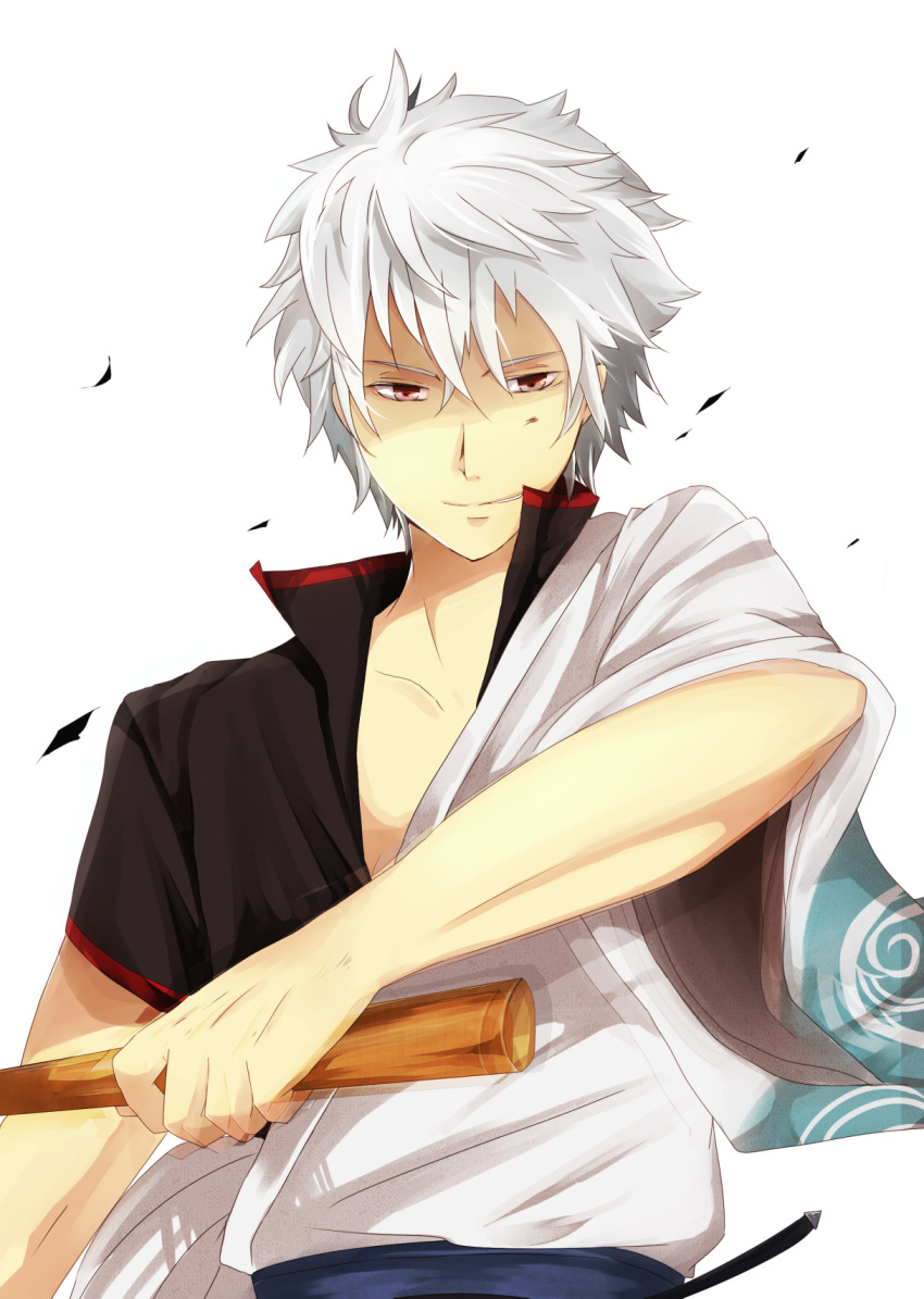 1boy, brown_eyes, gintama, hanadog, highres, holding_weapon, sakata_gintoki, shinai