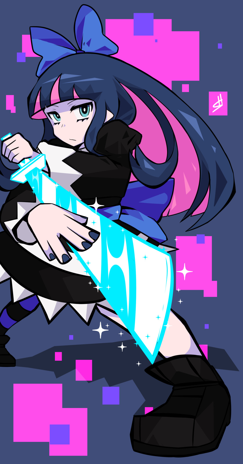 abstract_background, absurdres, black_dress, blue_hair, dress, frown, gothic_lolita, green_eyes