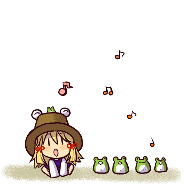 :<>, chibi, closed_eyes, frog, hat, moriya_suwako, musical_note, simple_background
