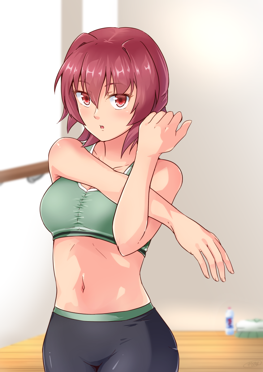 1girl, bare_shoulders, bike_shorts, blush, bottle, bra, breasts, folded_clothes