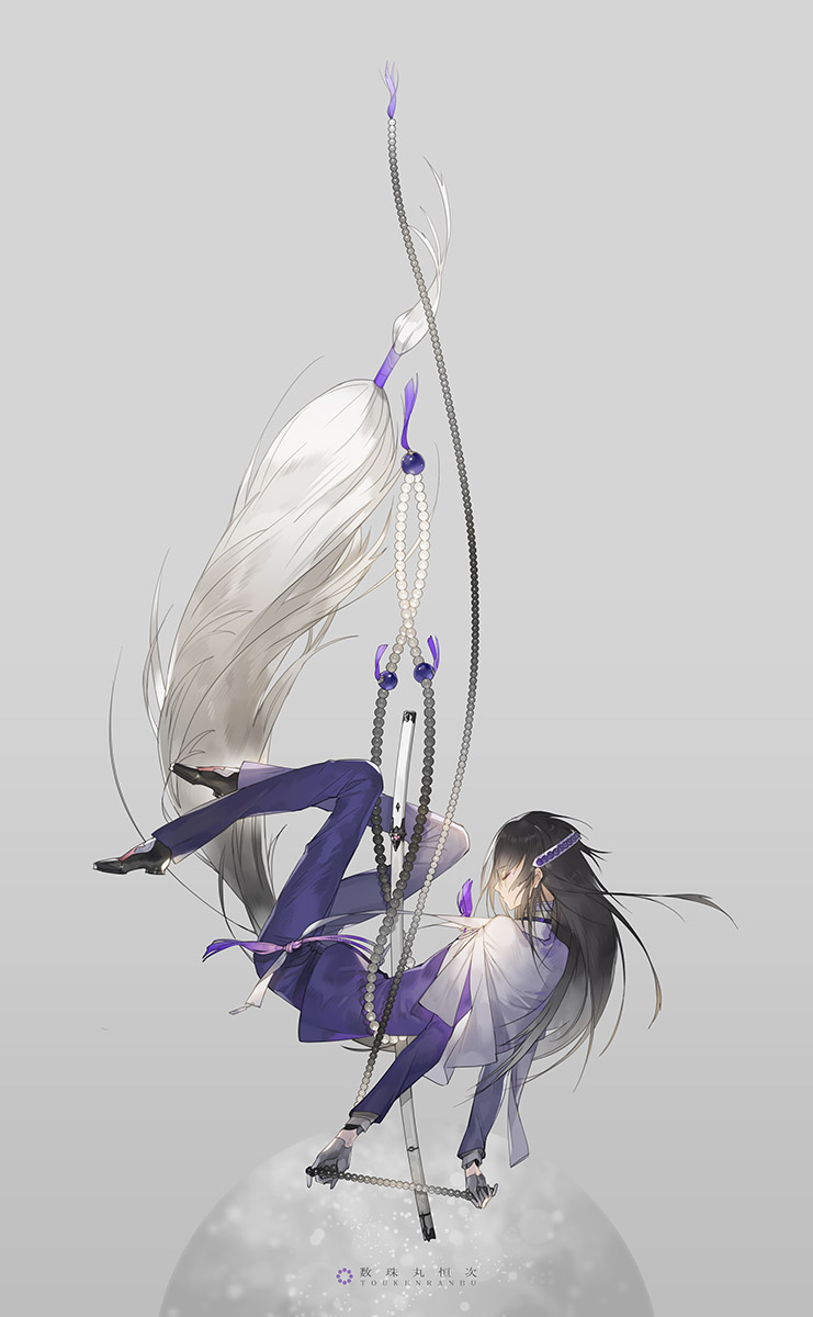 1boy, absurdly_long_hair, beads, black_hair, closed_eyes, copyright_name, gloves, gradient_hair, highres, juzumaru_tsunetsugu, katana, long_hair, low-tied_long_hair, male_focus, multicolored_hair, sword, touken_ranbu, very_long_hair, weapon, white_gloves, zhuzi