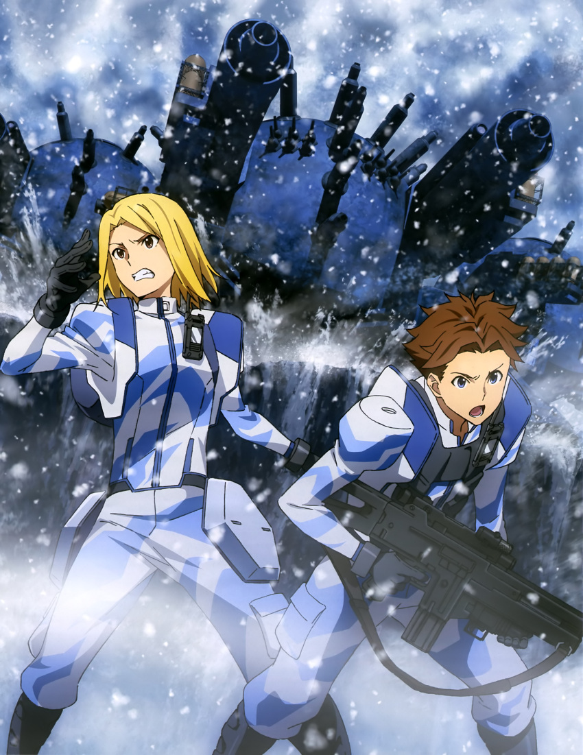 2boys, absurdres, blonde_hair, brown_hair, gun, heavy_object, heivia_winchell, highres, holding_gun, holding_weapon, multiple_boys, official_art, outdoors, quenser_barbotage, short_hair, snowing, uniform, weapon