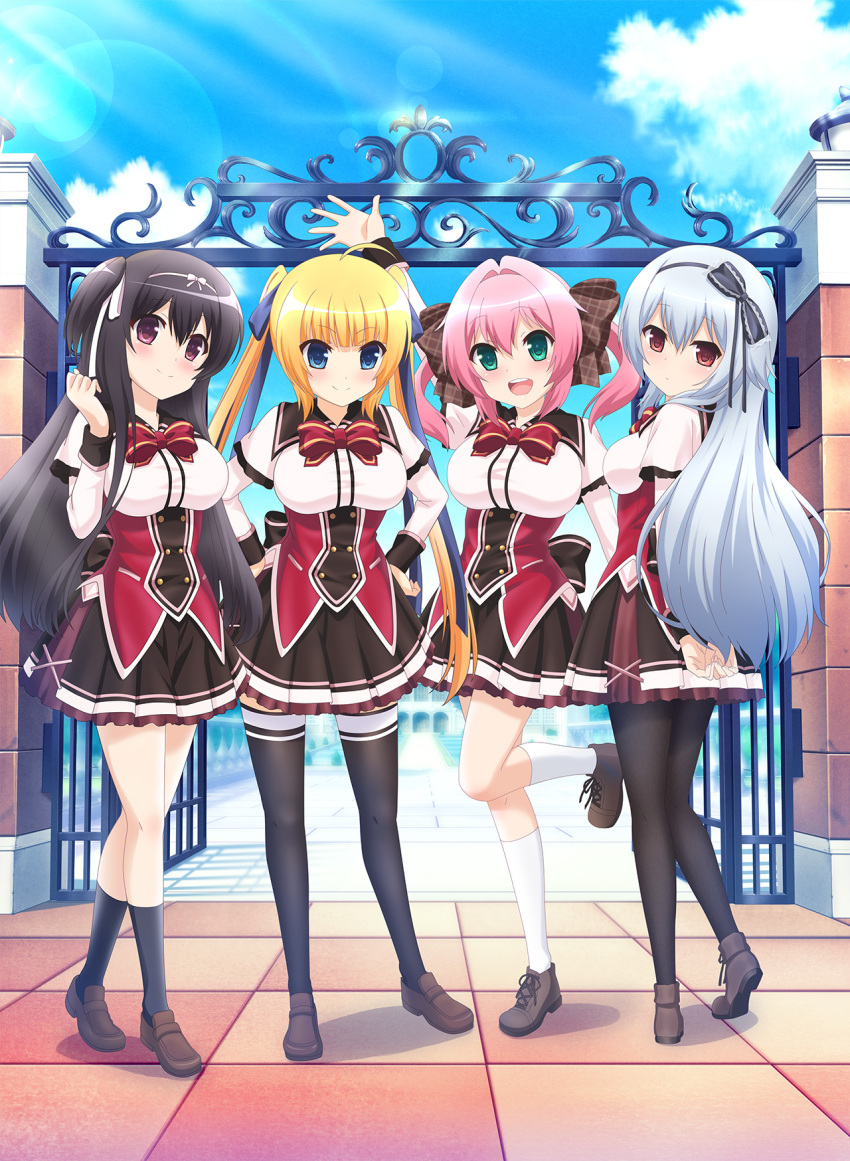 4girls, arms_behind_back, black_hair, black_legwear, blonde_hair, blue_eyes, blue_ribbon, brown_eyes