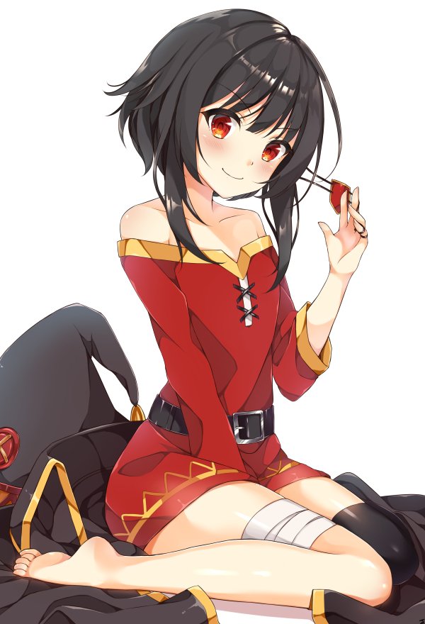 1girl, bandages, bare_shoulders, barefoot, belt, black_hair, black_legwear, blush, commentary_request, dress, eyepatch, eyepatch_removed, fingerless_gloves, gloves, hat, hat_removed, headwear_removed, kagami_com, kono_subarashii_sekai_ni_shukufuku_wo!, looking_at_viewer, megumin, red_dress, red_eyes, short_hair, single_thighhigh, sitting, smile, solo, thigh-highs, wariza, witch_hat