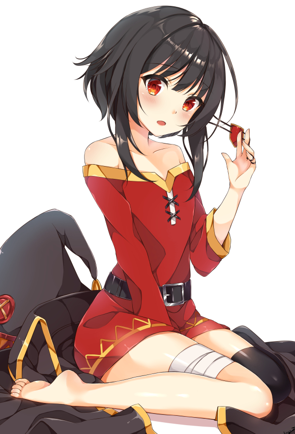 1girl, bandages, bare_shoulders, barefoot, belt, black_hair, black_legwear, blush