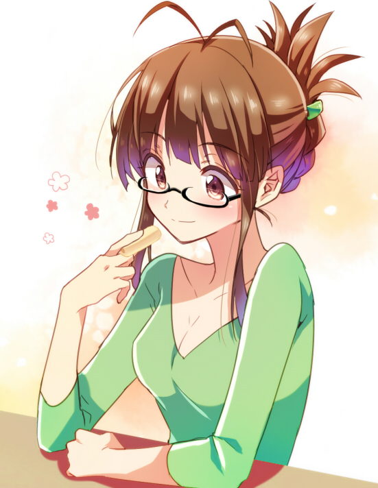 1girl, akizuki_ritsuko, antenna_hair, black-framed_glasses, breasts, brown_eyes, brown_hair, chihiro_(oimo)