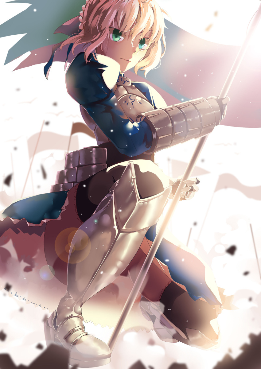 1girl, absurdres, armor, black_legwear, blonde_hair, chest_plate, fate/stay_night, fate_(series)
