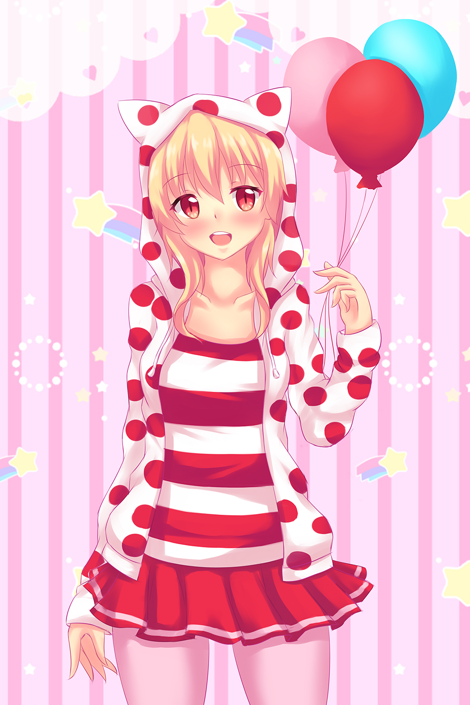 1girl, :d, animal_hood, arm_at_side, balloon, blonde_hair, blush, cat_hood