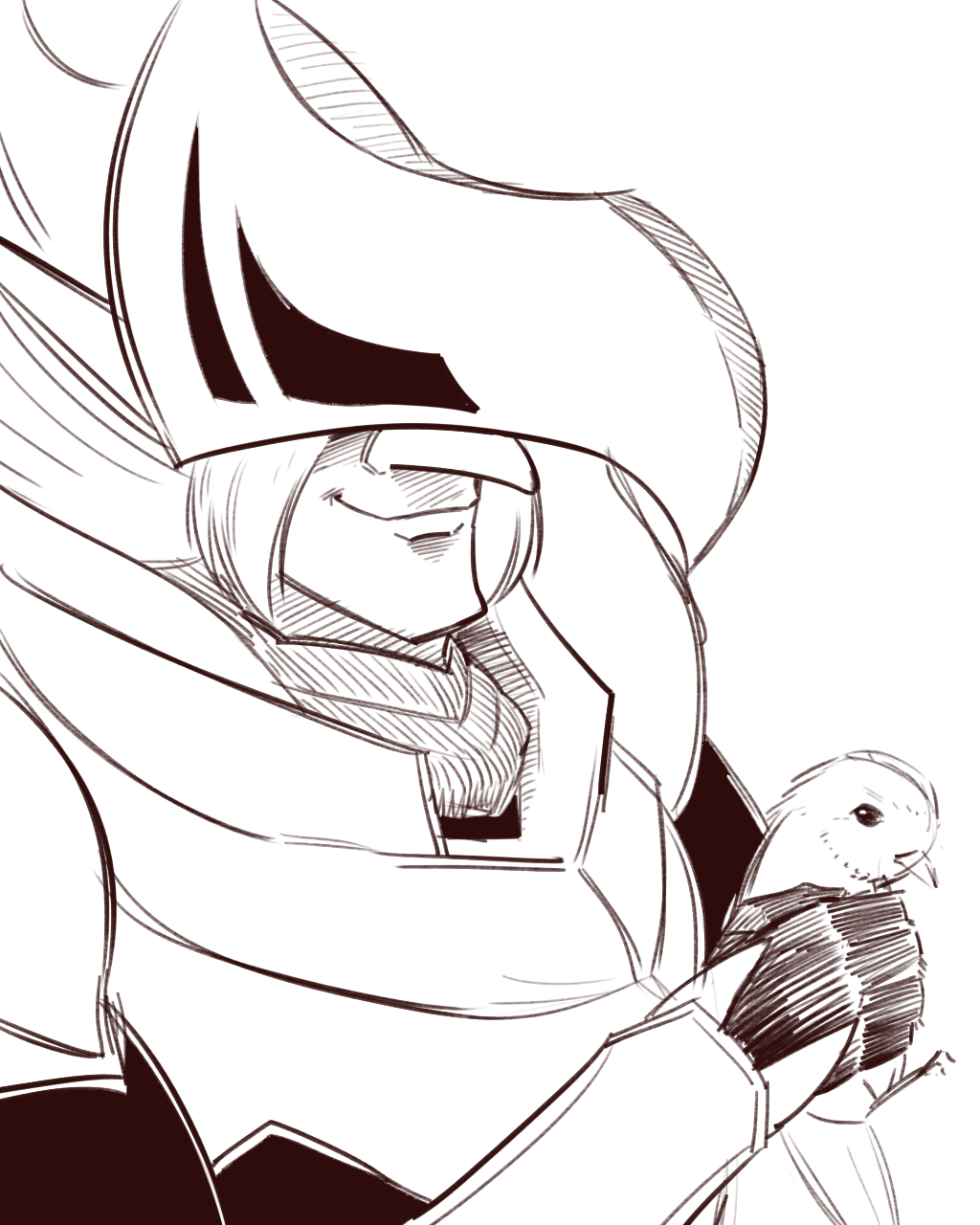 1boy, animal, armor, artist_request, bird, drawfag, highres, holding_animal, monochrome, smile, soldato_j, solo, source_request, yuusha_ou_gaogaigar_final, yuusha_series