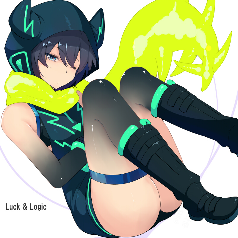 1girl, black_boots, black_hair, blue_eyes, boots, character_request, copyright_name, dress