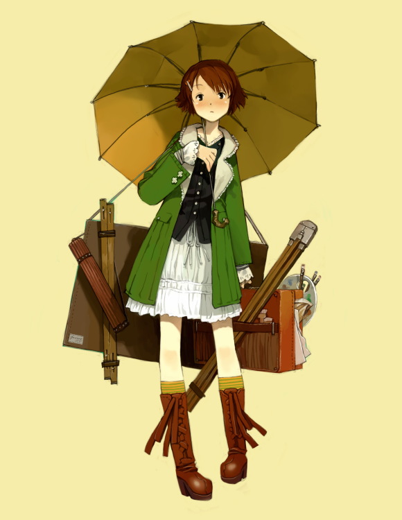 1girl, art_brush, art_supplies, boots, brown_boots, brown_hair, buttons, coat, dress, easel, filly_erhard, frilled_sleeves, frills, full_body, hair_ornament, hairclip, head_tilt, jacket, knee_boots, long_sleeves, looking_at_viewer, open_clothes, open_jacket, original, paintbrush, palette, short_hair, simple_background, solo, standing, striped, striped_legwear, umbrella, unbuttoned, yellow_background, yoshida_seiji
