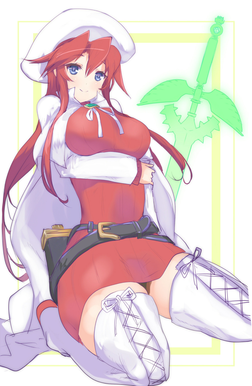 1girl, aty_(summon_night), belt, beret, blue_eyes, boots, breast_hold, breasts