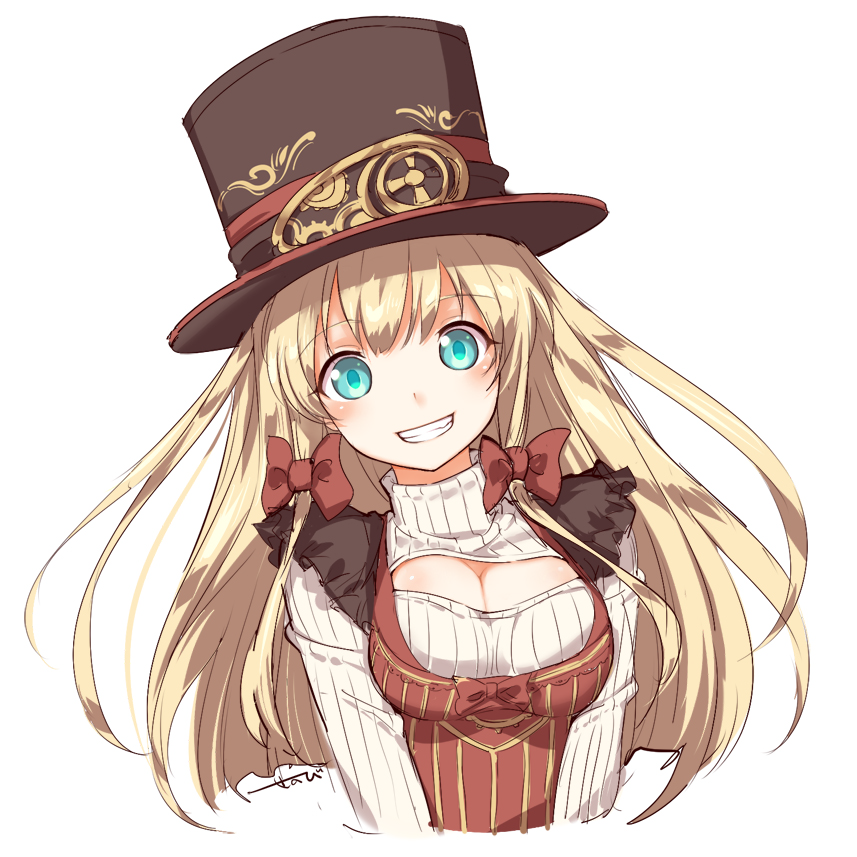 1girl, blonde_hair, blush, bow, breasts, cleavage_cutout, green_eyes, grin, hair_bow, hat, long_hair, looking_at_viewer, open-chest_sweater, senobi_(senoby), signature, simple_background, smile, solo, steampunk, sweater, top_hat, white_background